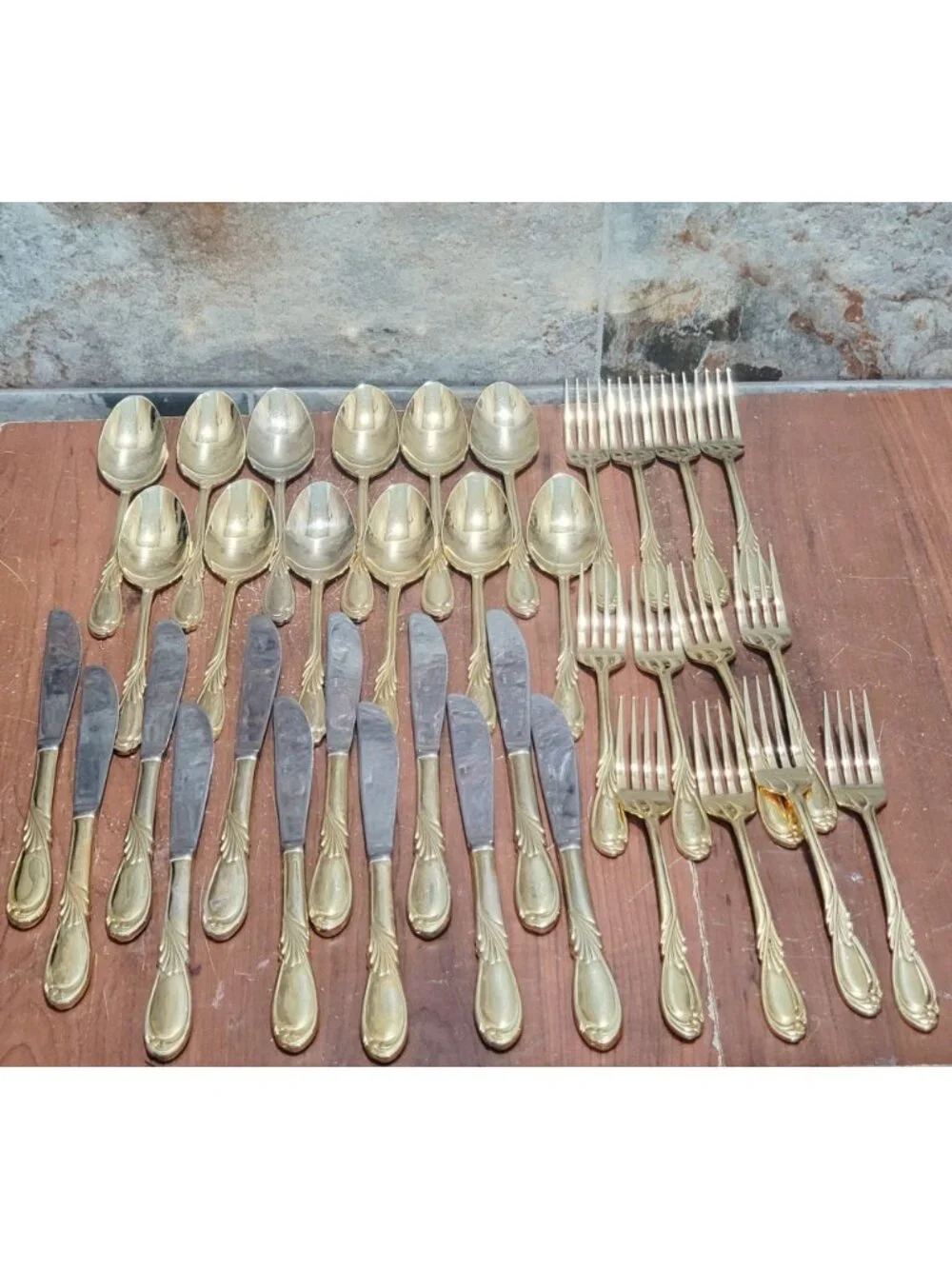 36 Piece Classic Plume Gold Electroplated Flatware Marked Stainless Steel Korea